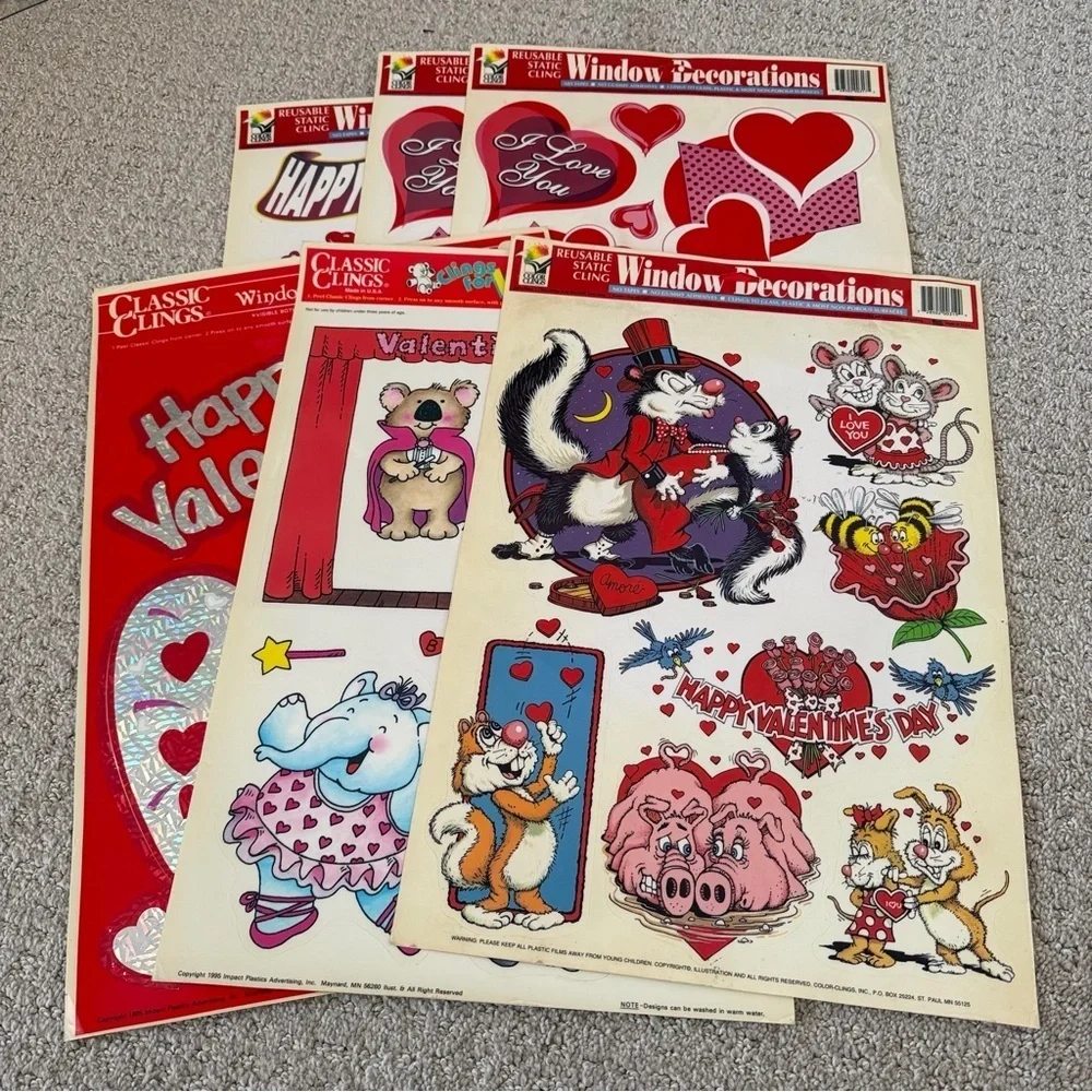 Vintage Valentine Window Decorations Color Clings Static Holiday Decor Lot 6x